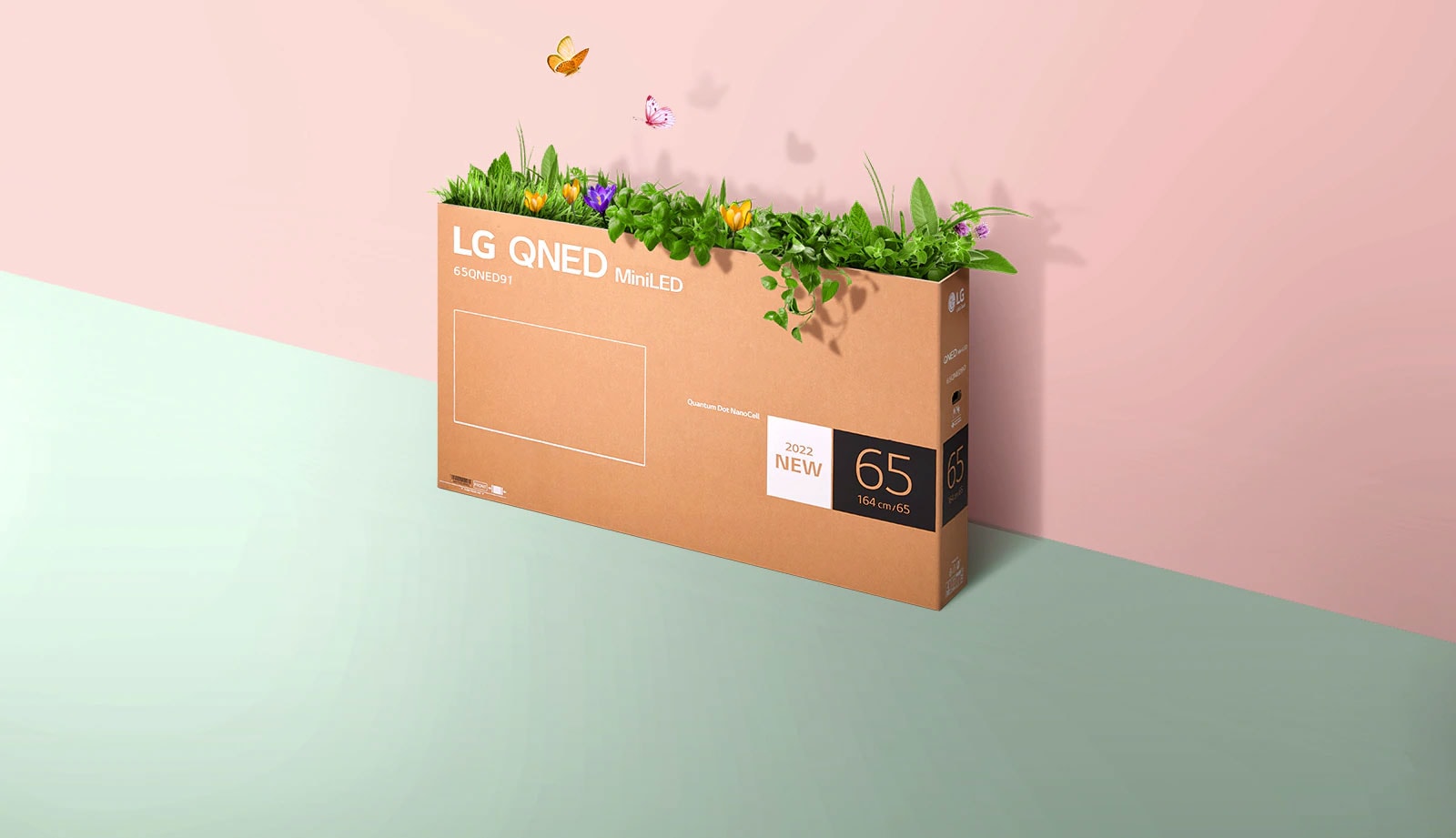 A QNED packaging box is placed on pink, green background and there is grass growing and butterflies coming out from its inside. 