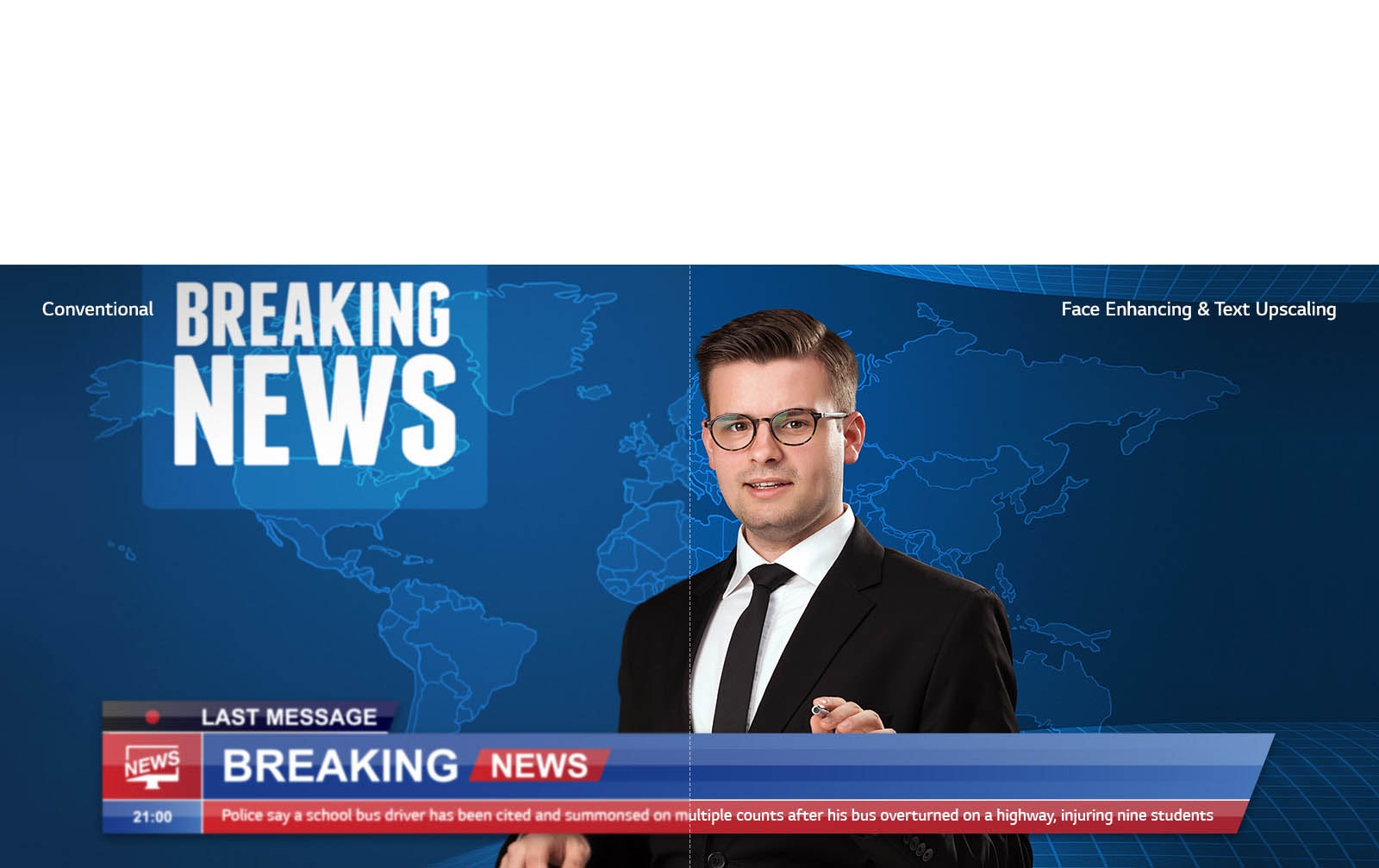 Slider comparison of picture quality of an anchor delivering breaking news with background of world map