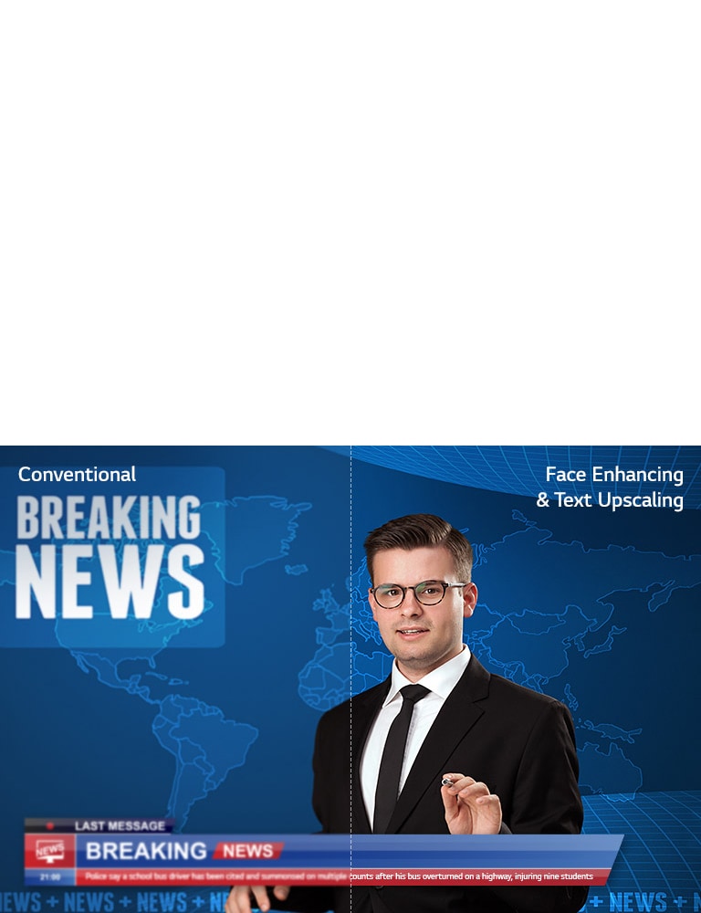 Slider comparison of picture quality of an anchor delivering breaking news with background of world map