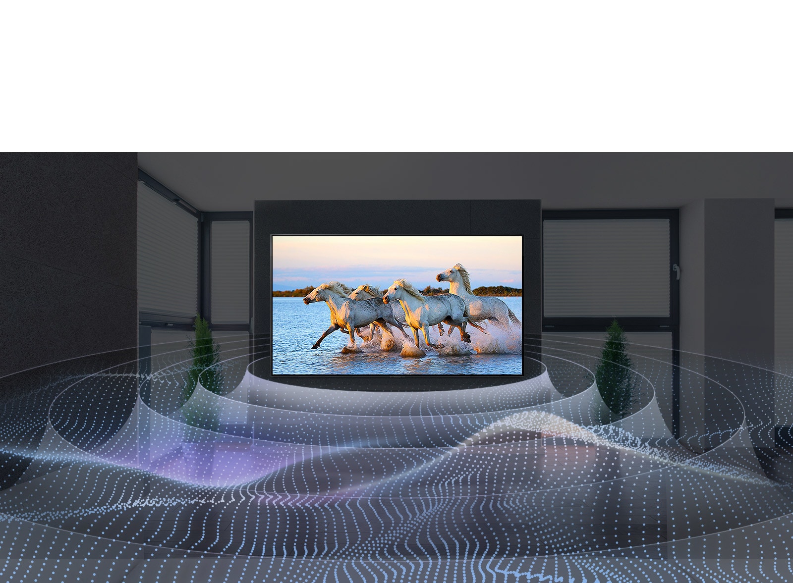 Four white horses running in the water on TV with surround sound graphic