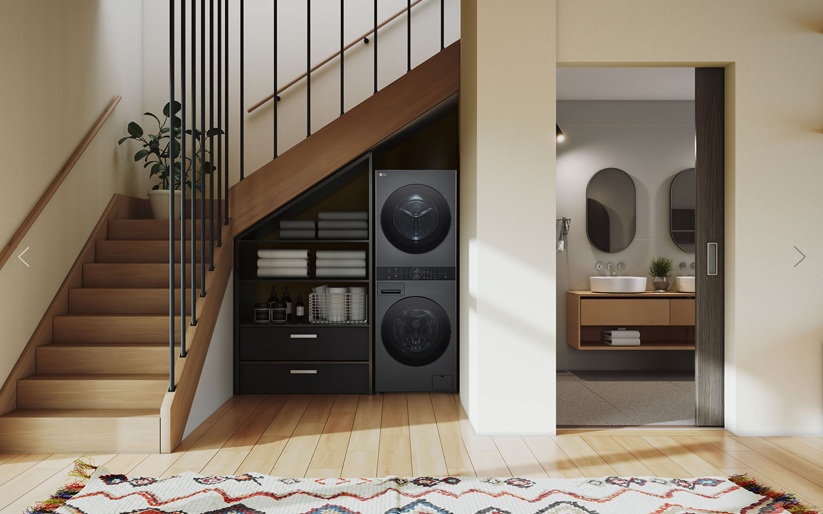 This is the wall of a room that looks like a utility room. Washtower is arranged in harmony with other furniture.