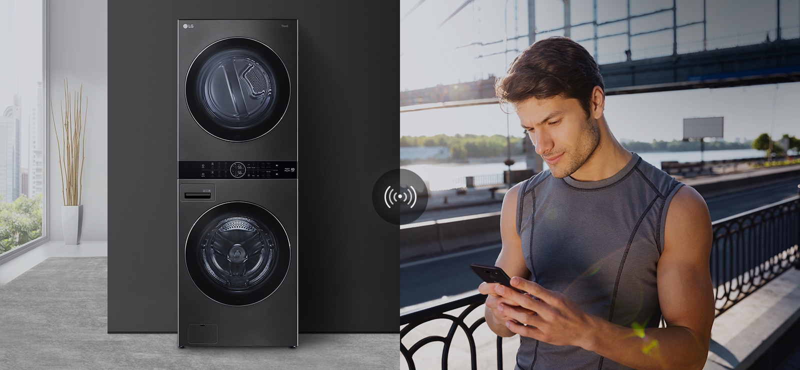 A man outdoors is checking the condition of a washing machine at home through a mobile phone app.