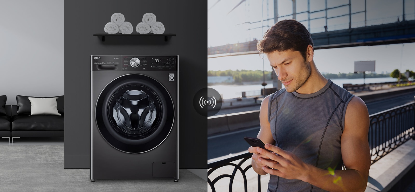 A man outdoors is checking the condition of a washing machine at home through a mobile phone app.