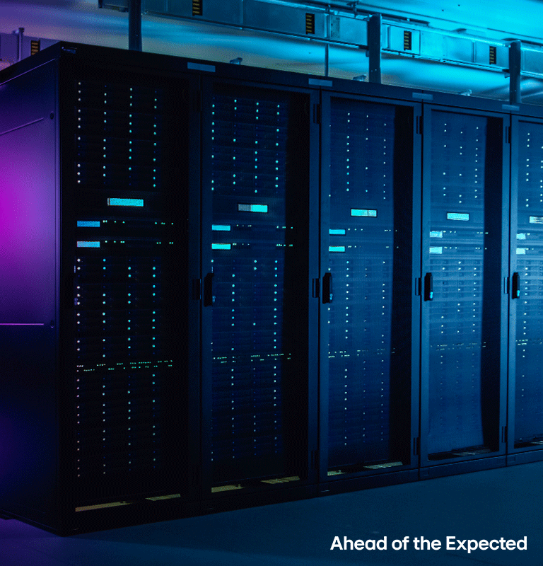 High-performance data center with illuminated server racks, advanced IT infrastructure.