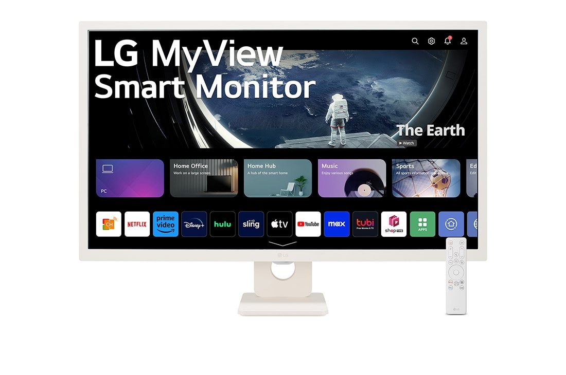 LG 2023 LG Smart Monitor - 31.5 inch, Full HD IPS Display, front view with remote control, 32SR50F-W