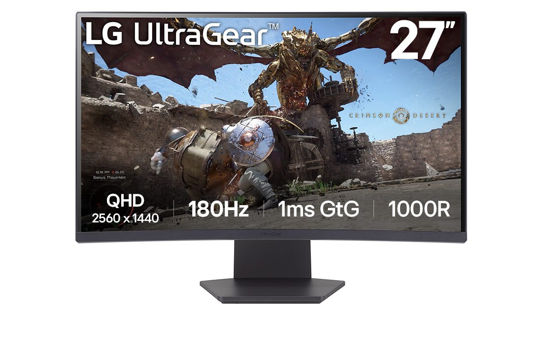 LG New 27” UltraGear™ 1000R curved gaming monitor, QHD, 1ms (GtG), 180Hz, 2024, front view, 27GS60QC-B