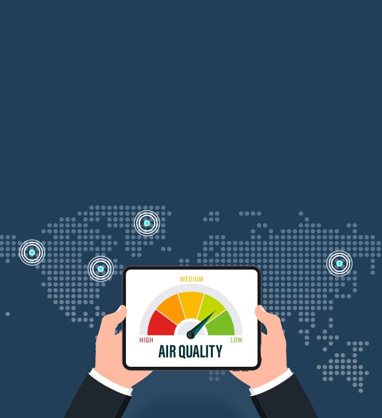 Illustration of a tablet displaying air quality levels with a global map background, highlighting worldwide air quality standards.