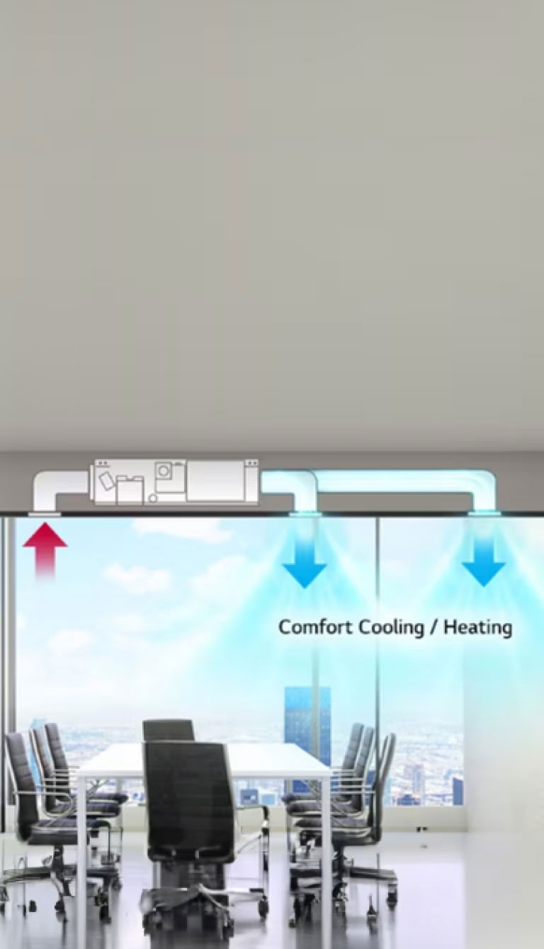 Office room with an LG HVAC single split ducted air conditioner system. Cool air enters the room through blue arrows, while warm air exits via a red arrow.