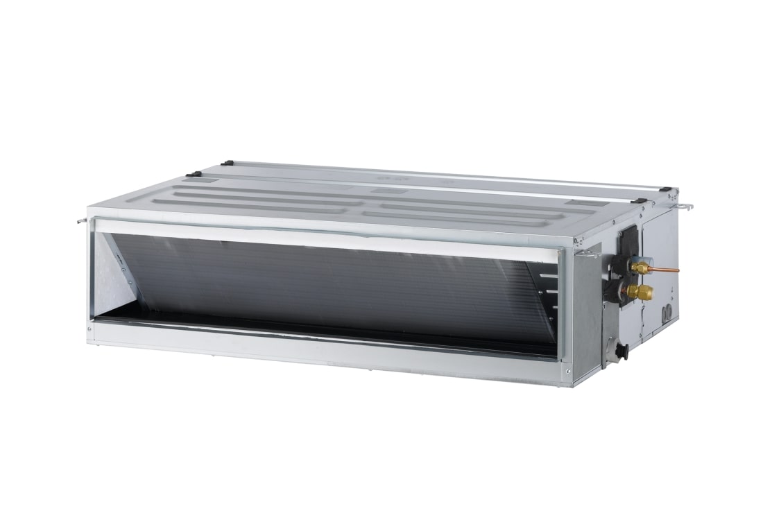 LG Inverter Ducted Dx 5.0 TR, Inverter Compressor, Corrosion resistant heat exchanger, Quick Cooling, LG Ceiling Concealed Duct is a gray rectangular parallelepiped with some air inlets on the right side and an air outlet vent on the front., ABNQ60LM3T1 ANWBUAE + ABUQ60LM3T1 ANWBUAE