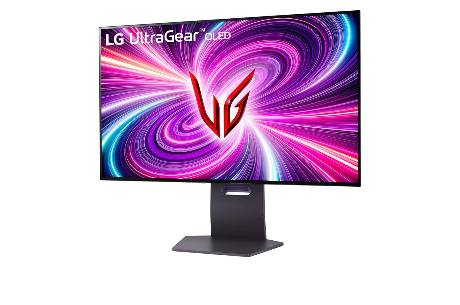 LG 32'' UltraGear™ Dual-Mode OLED gaming monitor | 4K UHD, Pixel Sound, -15 degree rotated front-side view, 32GS95UE-B