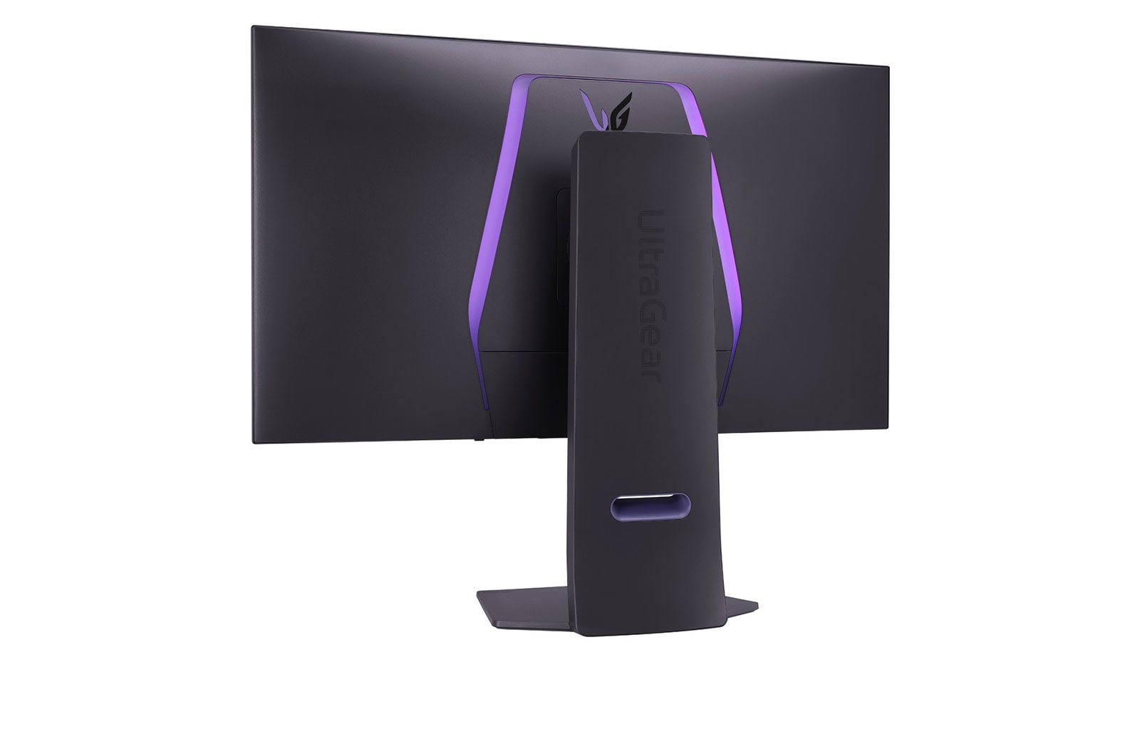 LG 32'' UltraGear™ Dual-Mode OLED gaming monitor | 4K UHD, Pixel Sound, rear perspective view with lights on, 32GS95UE-B