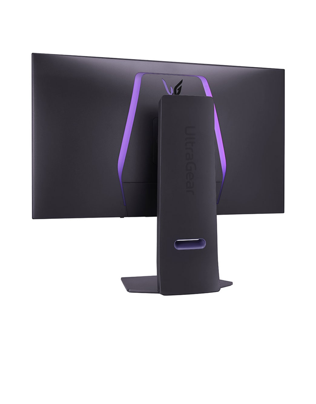 LG 32'' UltraGear™ Dual-Mode OLED gaming monitor | 4K UHD, Pixel Sound, rear perspective view with lights on, 32GS95UE-B