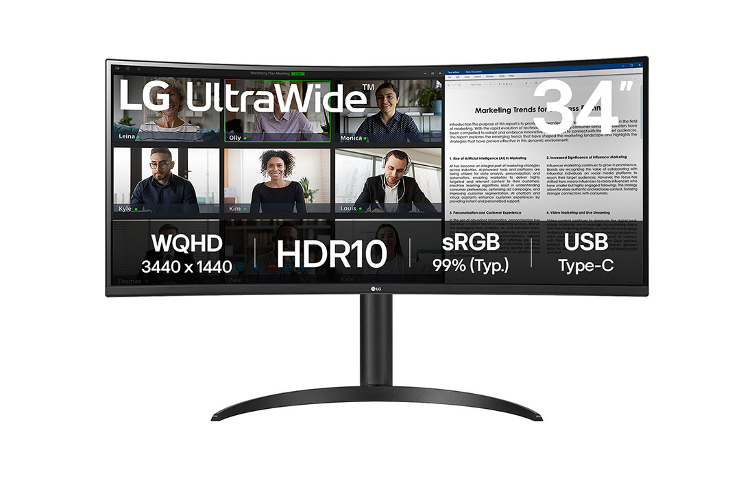 LG 34'' UltraWide QHD Curved monitor with USB Type-C™, front view, 34WR55QK-B