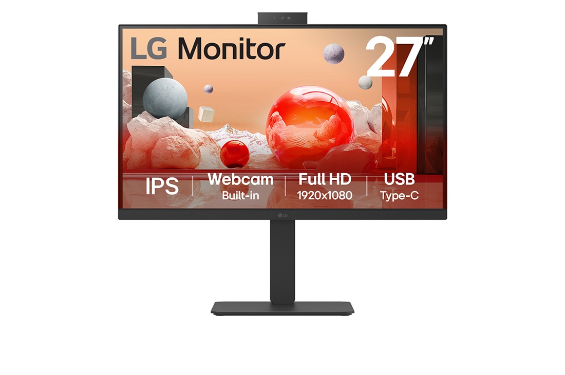 LG 27” Full HD IPS Monitor with Built-in FHD webcam and USB Type-C™, 2024, front view with webcam, 27BA850-B