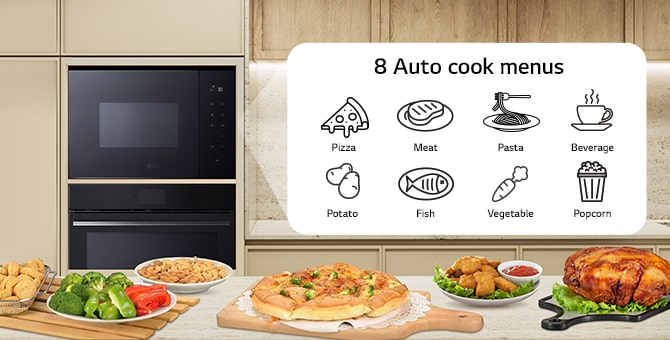 8 food icons which can be cooked with auto cook function of microwave oven.