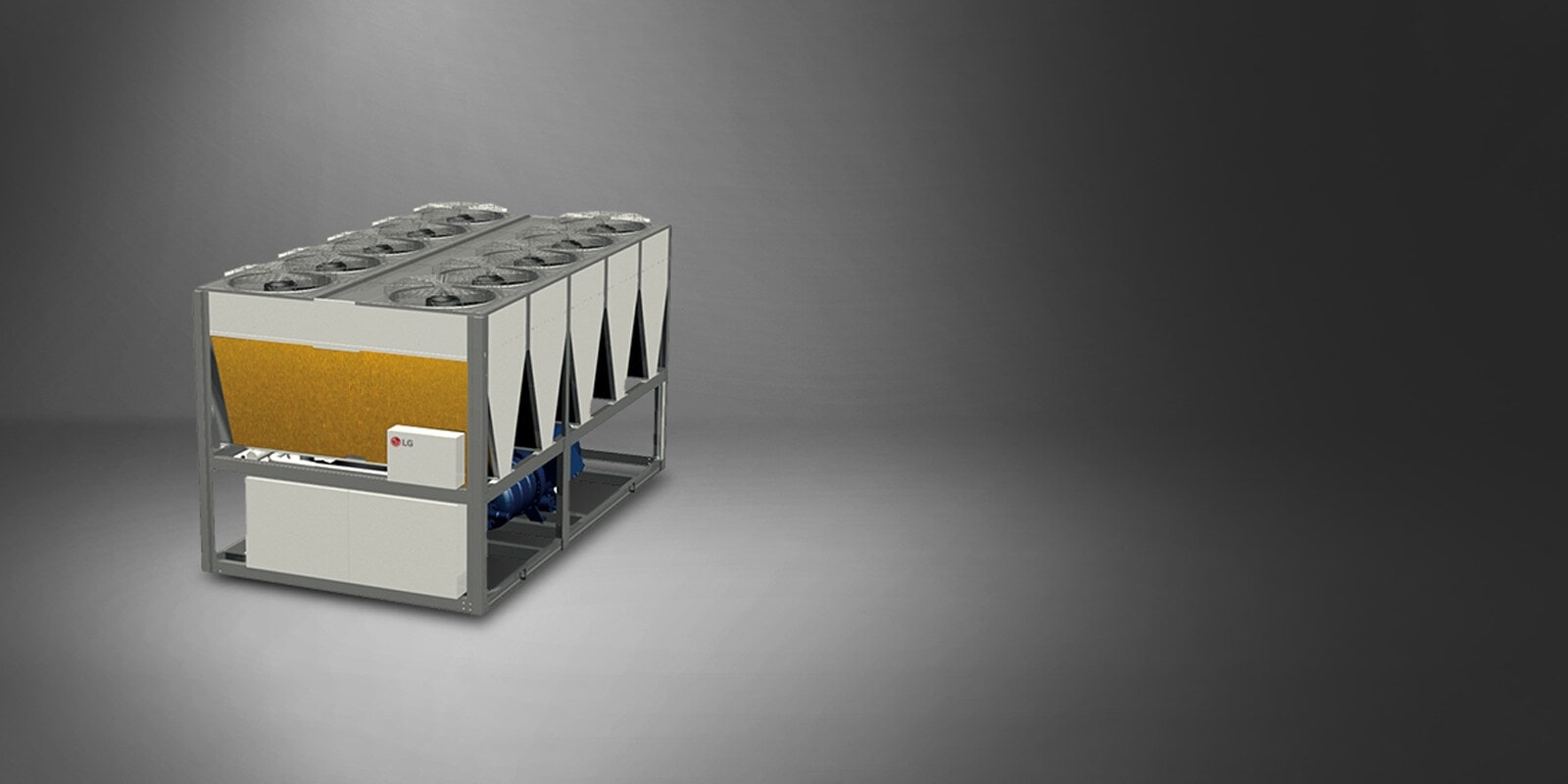 Displayed is an LG Air-cooled Screw Chiller in grey and white, with a rectangular fan and gold-coated, bare fin structure.