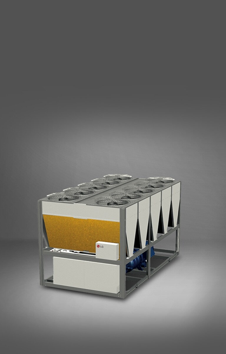 Displayed is an LG Air-cooled Screw Chiller in grey and white, with a rectangular fan and gold-coated, bare fin structure.