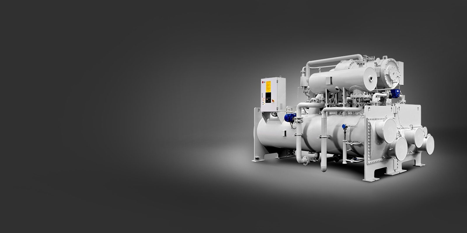 A large LG Centrifugal Chiller unit, rendered in a grey tone and composed of circular and rectangular shapes, is displayed on the right.