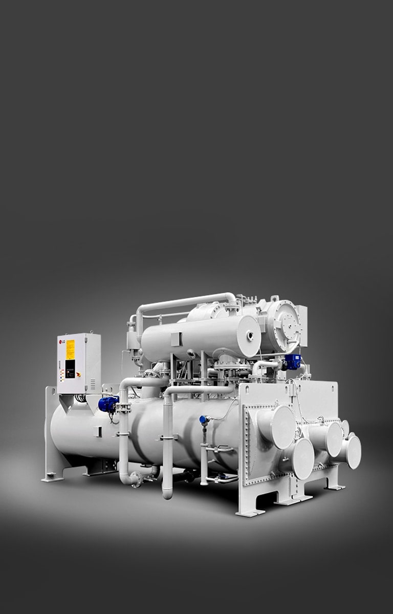 A large LG Centrifugal Chiller unit, rendered in a grey tone and composed of circular and rectangular shapes, is displayed on the right.