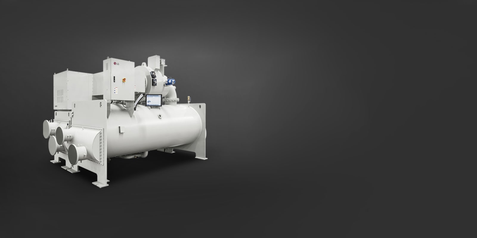  LG Oil-free Magnetic Bearing Centrifugal Chiller, rendered in a grey tone and composed of circular and rectangular shapes, is displayed.