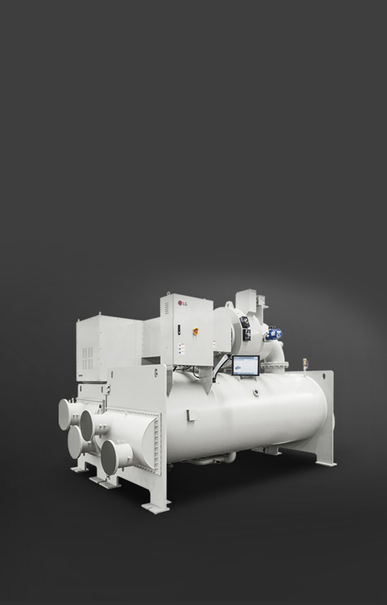  LG Oil-free Magnetic Bearing Centrifugal Chiller, rendered in a grey tone and composed of circular and rectangular shapes, is displayed.