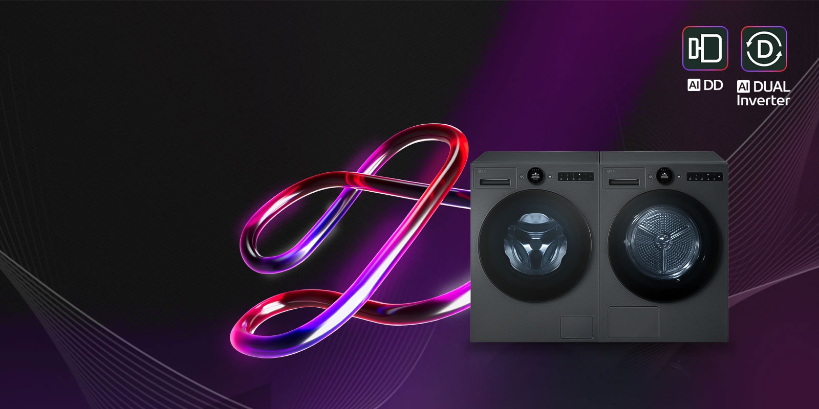 Two matte black LG washing machines and dryers side by side, with a pink curved LG AI symbol in the background and 'AI DD' and 'AI Dual Inverter' text and emblem on the top right.