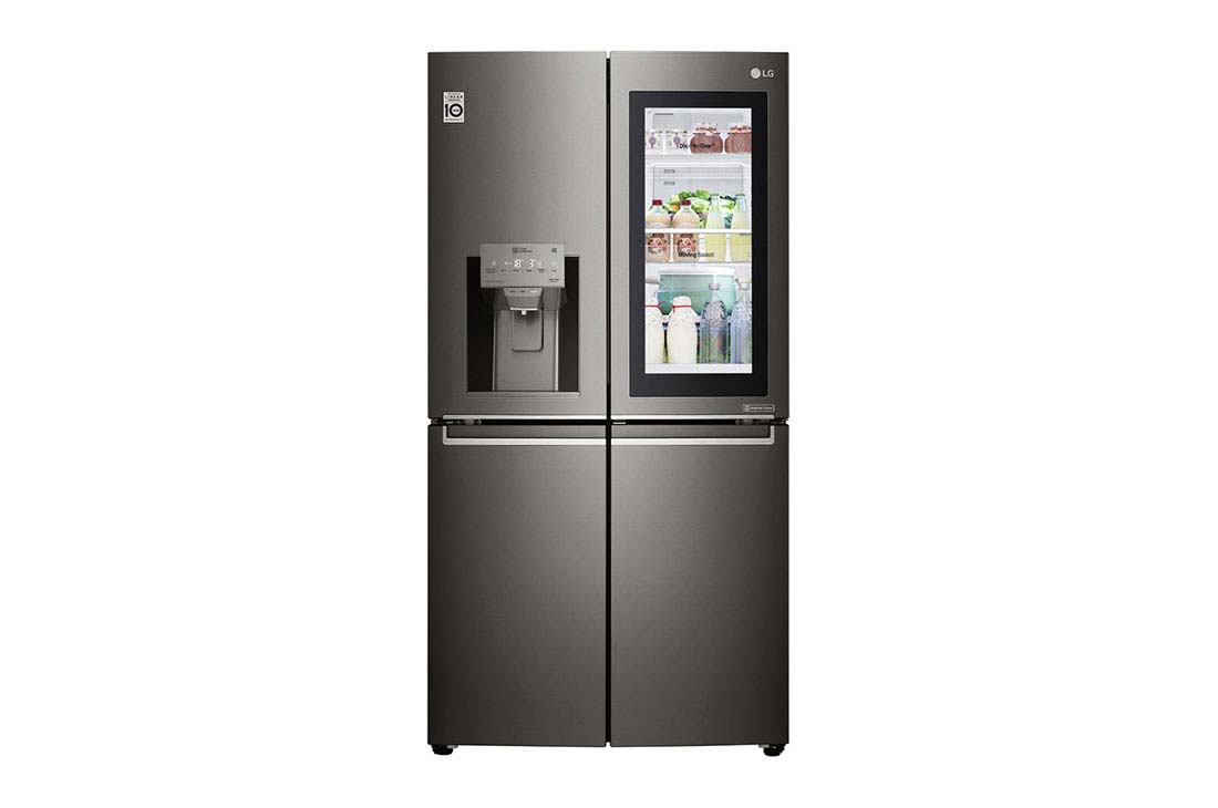 LG InstaView™ French Door Fridge, 716L, Steel, Front View with lights on, GR-X39FMKHL