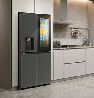 Modern kitchen interior with InstaView fridge.