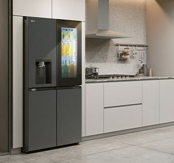 Modern kitchen interior with InstaView fridge.