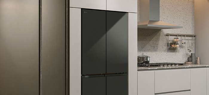 Modern kitchen interior with InstaView fridge.