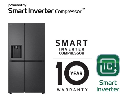 Product image with Smart Inverter Compressor™ Logo and 10 year warranty Logo.