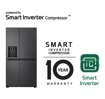 Product image with Smart Inverter Compressor™ Logo and 10 year warranty Logo.