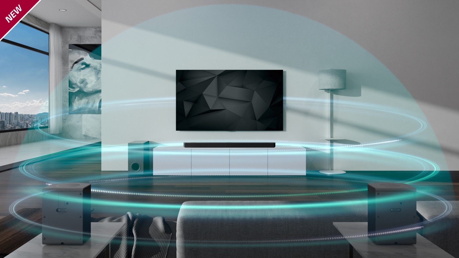 Blue dome-shaped, 3 layered sound wavers are covering Sound bar and TV in the living room. NEW mark is shown in the top left corner.