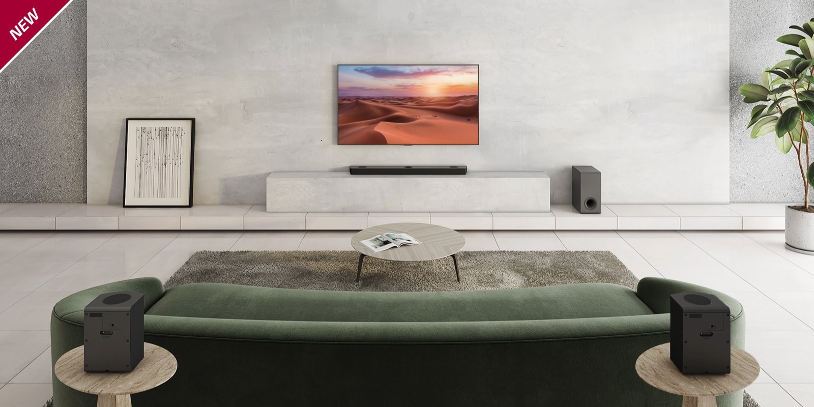 TV is hung on the white pillar in the center of the living room. Below, LG Sound Bar is placed on the white shelf. On the floor right under the sound bar, a wireless subwoofer stands. Behind the green sofa, two rear speakers are placed on the coffee table both the left and right sides. NEW mark is shown in the top left corner.