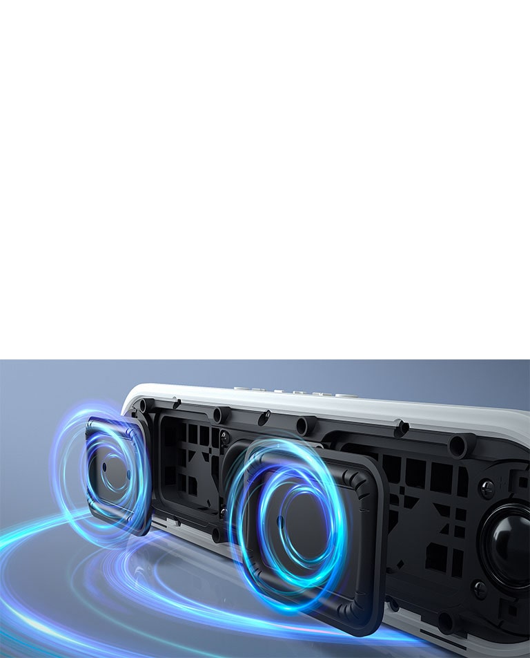 The LG StanbyME XT7S speaker is placed on the surface, showing the dual passive radiators. Blue graphics come out of the passive radiators and the bottom of the speaker.