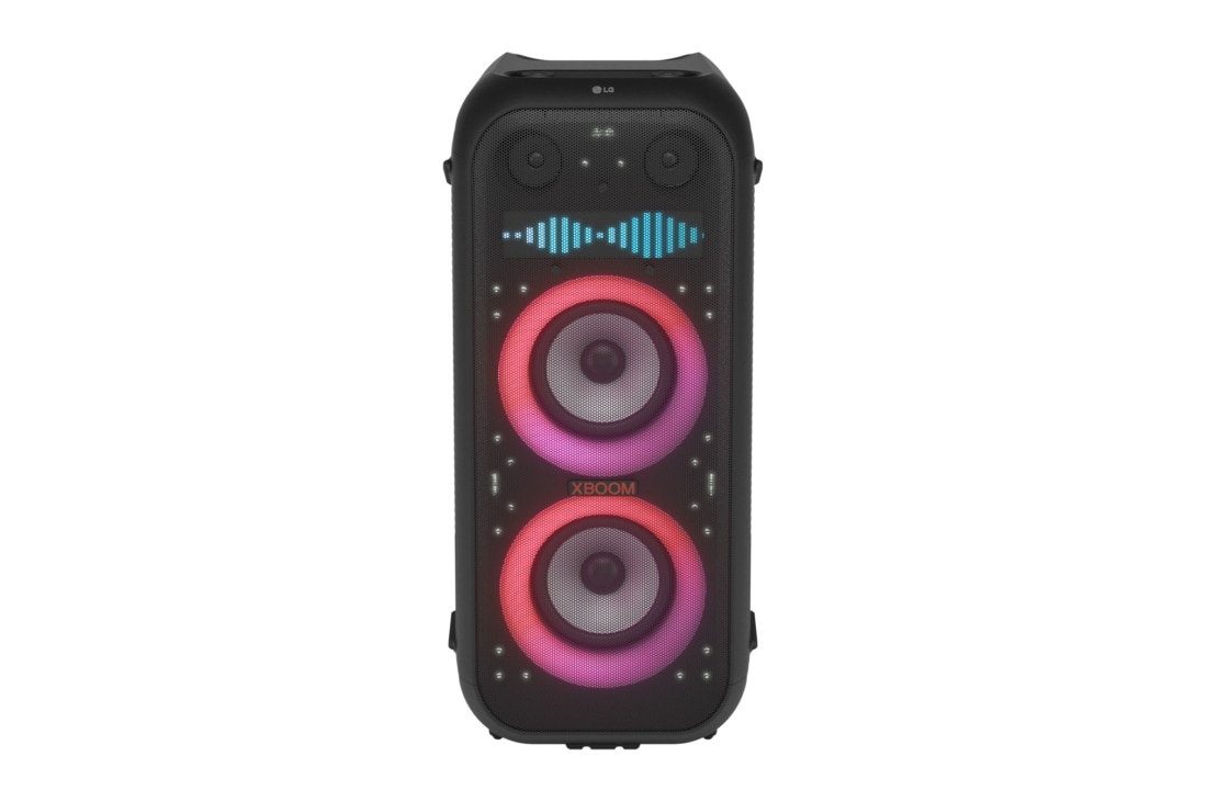 LG XBOOM XL9T with 1000W Output, 8-inch Woofers, 2024, Front view with all lighting on. On the Pixel Art Display panel, it shows the sound eq., XL9T