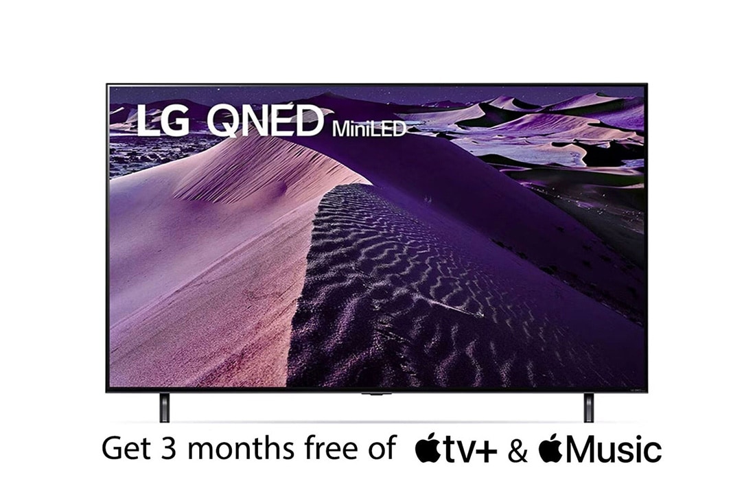 LG QNED 75 Inch TV With 4K Active HDR Cinema Screen Design from the QNED85 Series, front view with infill image, 75QNED856QA