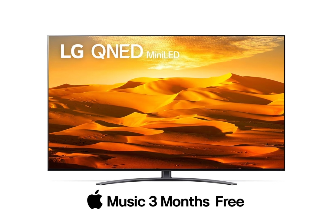LG QNED TV 65 Inch QNED91 Series, Cinema Screen Design 4K Cinema HDR webOS22 With ThinQ AI Mini LEDs, A front view of the LG QNED TV with infill image and product logo on, 65QNED916QA