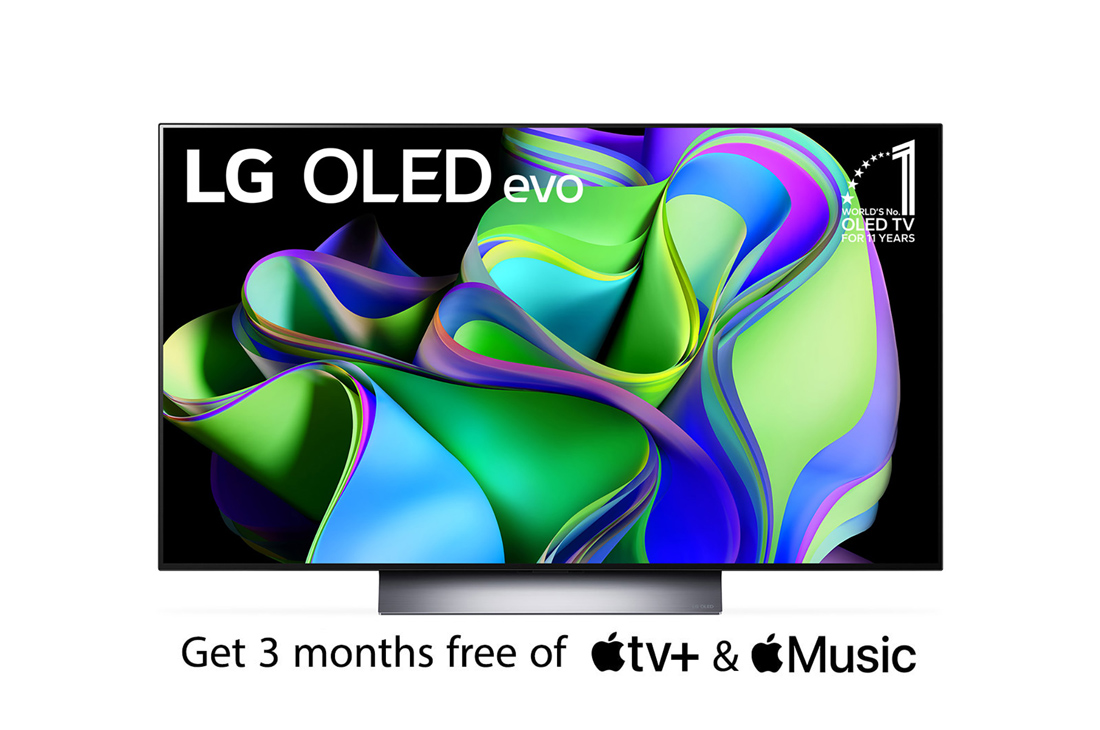 LG OLED evo C3 48 inch 4K Smart TV 2023 with Magic remote, HDR, WebOS, Front view with LG OLED evo and 10 Years World No.1 OLED Emblem on screen., OLED48C36LA