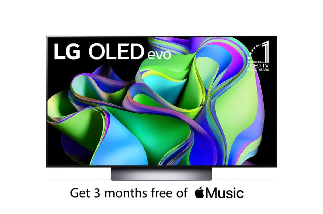 LG OLED evo C3 48 inch 4K Smart TV 2023 with Magic remote, HDR, WebOS, Front view with LG OLED evo and 10 Years World No.1 OLED Emblem on screen., OLED48C36LA