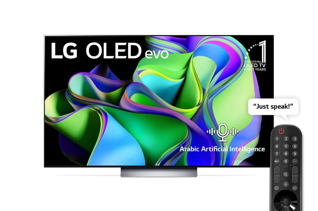 LG OLED evo C3 77 inch 4K Smart TV 2023 with Magic remote, HDR, WebOS, front view, OLED77C36LA