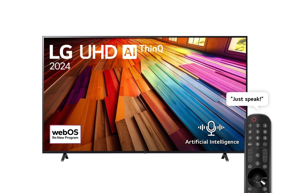 LG 86 Inch LG UHD AI UT80 4K Smart TV AI Magic remote HDR10 webOS24 2024, Front view of LG UHD TV, UT80 with text of LG UHD AI, 2024, and webOS Re:New Program logo on screen, 86UT80006LA