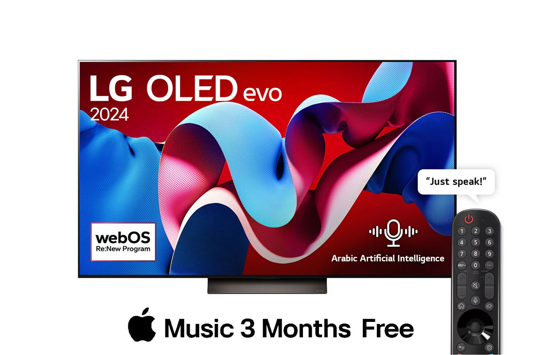 LG 65 Inch LG OLED evo C4 4K Smart TV AI Magic remote Dolby Vision webOS24 2024, Front view with LG OLED evo TV, OLED65C46LA