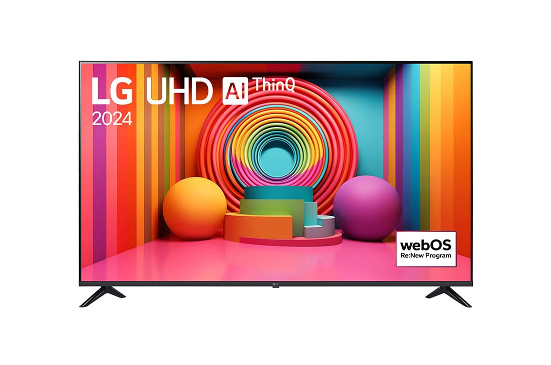 LG 2024 LG UHD 65 Inch UT75 4K Smart TV, Front view of LG UHD TV, UT75 with text of LG UHD AI ThinQ, 2024, and webOS Re:New Program logo on screen, 65UR78066LK