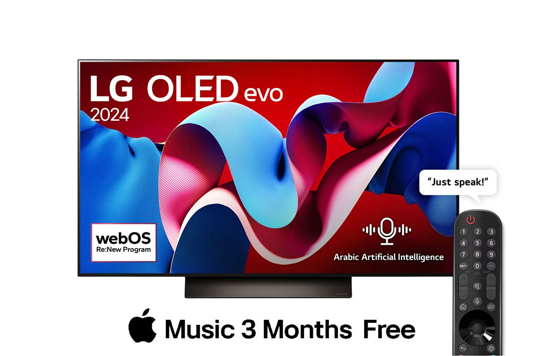 LG New LG 48 Inch OLED evo C4 4K Smart TV 2024, Front view with LG OLED evo TV, OLED C4, 11 Years of world number 1 OLED Emblem and webOS Re:New Program logo on screen, OLED48C46LA