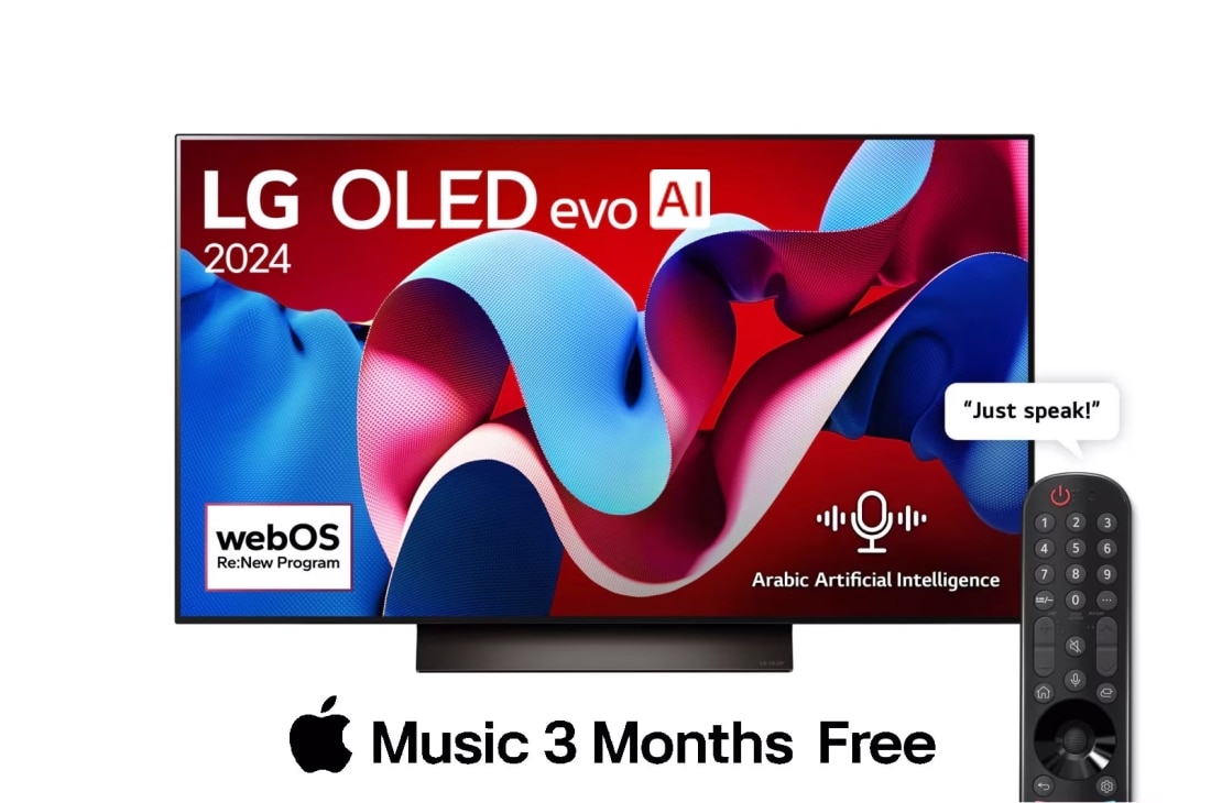 LG New LG 48 Inch OLED evo AI C4 4K Smart TV AI Magic remote Dolby Vision webOS24 2024, Front view with LG OLED evo AI TV, OLED C4, 11 Years of world number 1 OLED Emblem and webOS Re:New Program logo on screen, OLED48C46LA