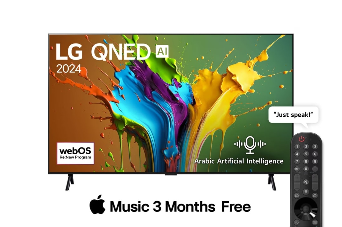 LG 98 Inch LG QNED AI QNED89 4K Smart TV AI Magic remote HDR10 webOS24 2024, Front view of LG QNED TV, QNED89 with text of LG QNED AI, 2024, and webOS Re:New Program logo on screen, 98QNED89T6A