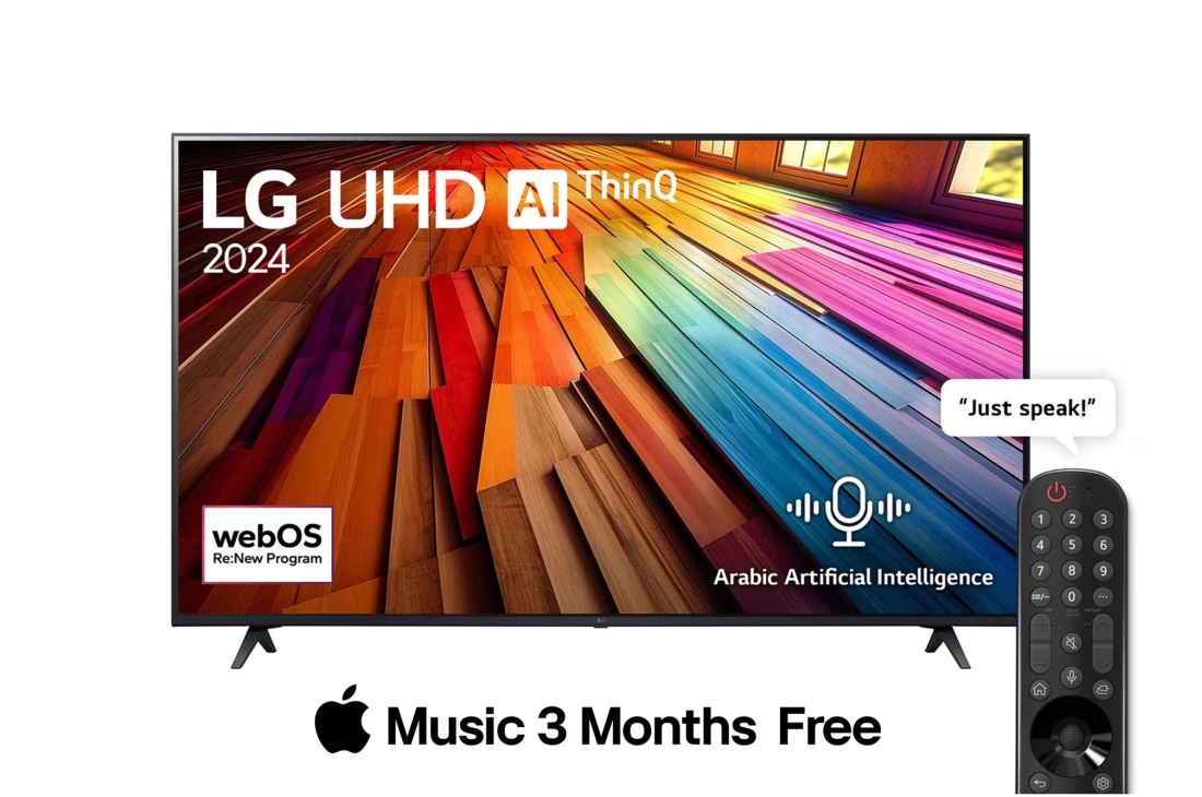 LG 65 Inch LG UHD AI UT80 4K Smart TV AI Magic remote HDR10 webOS24 2024, Front view of LG UHD TV, UT80 with text of LG UHD AI, 2024, and webOS Re:New Program logo on screen, 65UT80006LA