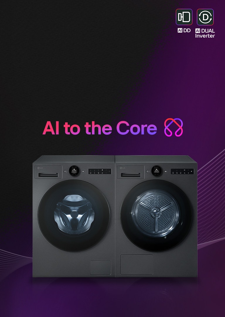 Two matte black LG washing machines and dryers side by side, with a pink curved LG AI symbol in the background and 'AI DD' and 'AI Dual Inverter' text and emblem on the top right.