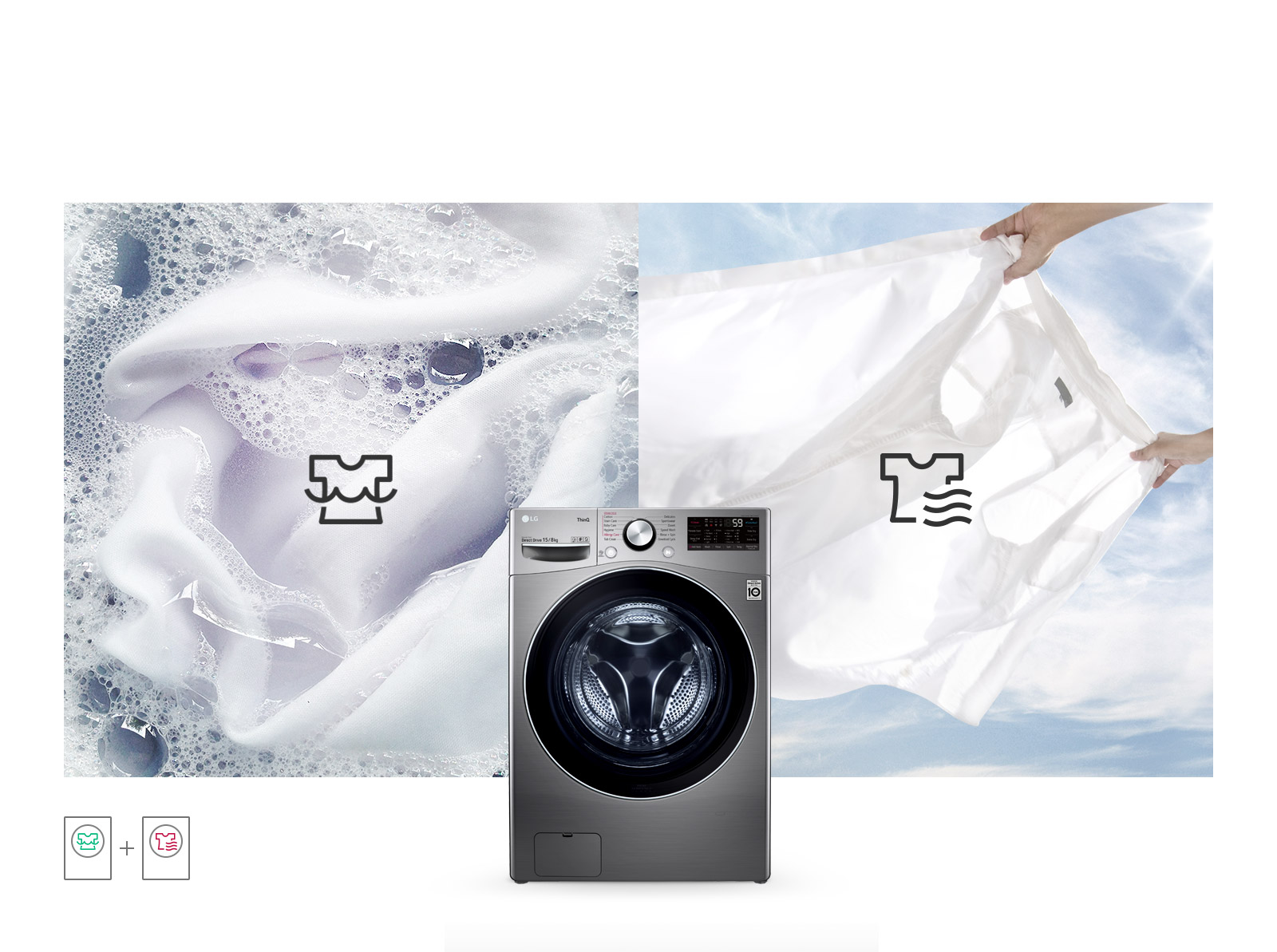 One background image features a white shirt with suds in the wash cycle and the second background images shows the white shirt in the dry cycle. In the foreground is the TopGun2.